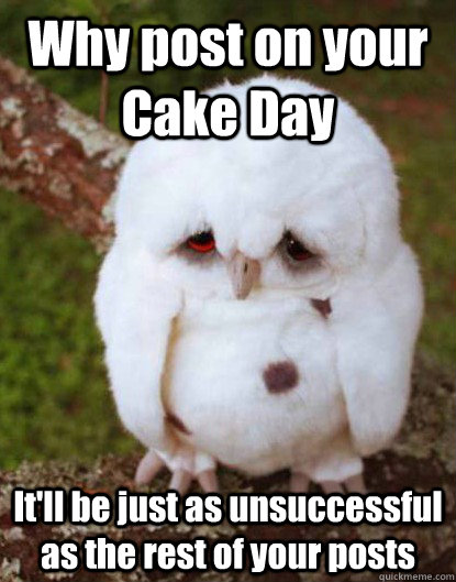 Why post on your Cake Day It'll be just as unsuccessful as the rest of your posts  Depressed Baby Owl