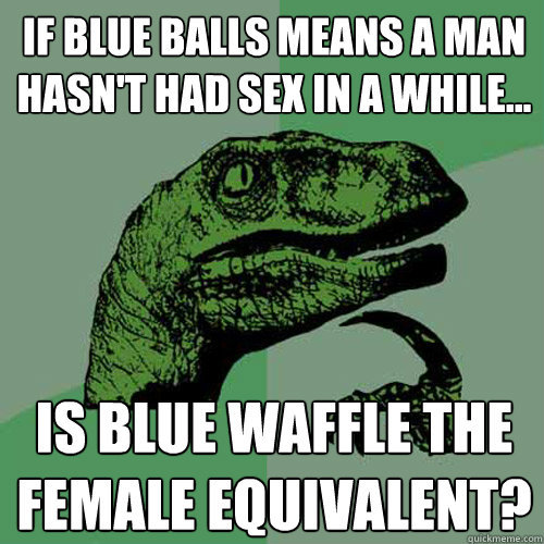 If blue balls means a man hasn't had sex in a while... Is blue waffle the female equivalent?  Philosoraptor