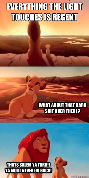 
look kristina, everything the light touches is regent  what about that dark shit over there? thats salem ya tard!!  ya must never go back!  Lion King Potsdam