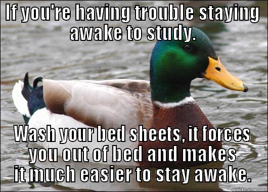 IF YOU'RE HAVING TROUBLE STAYING AWAKE TO STUDY. WASH YOUR BED SHEETS, IT FORCES YOU OUT OF BED AND MAKES IT MUCH EASIER TO STAY AWAKE. Actual Advice Mallard