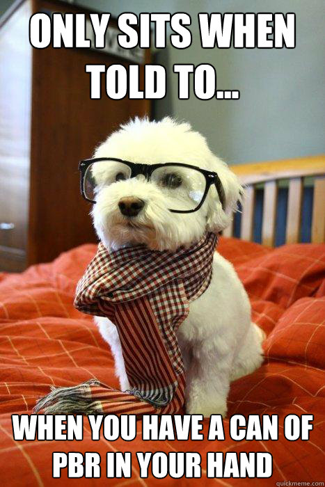 only sits when told to... when you have a can of pbr in your hand  Hipster Dog