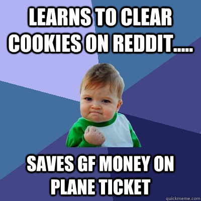 LEARNS TO CLEAR COOKIES ON REDDIT..... SAVES GF MONEY ON PLANE TICKET - LEARNS TO CLEAR COOKIES ON REDDIT..... SAVES GF MONEY ON PLANE TICKET  Success Kid