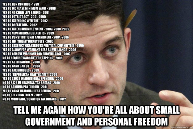 Yes to gun control - 1999
Yes to increase minimum wage - 2000
Yes to no child left behind - 2001
Yes to Patriot Act - 2001, 2005
Yes to extending welfare - 2002
Yes to create DHS - 2002
Yes to extend unemployment - 2003, 2008, 2009
Yes to New Medicare ben - Yes to gun control - 1999
Yes to increase minimum wage - 2000
Yes to no child left behind - 2001
Yes to Patriot Act - 2001, 2005
Yes to extending welfare - 2002
Yes to create DHS - 2002
Yes to extend unemployment - 2003, 2008, 2009
Yes to New Medicare ben  Paul Ryan - This Much