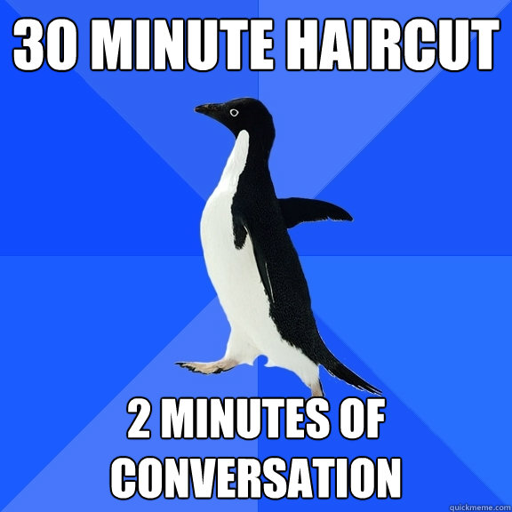 30 MINUTE HAIRCUT 2 MINUTES OF CONVERSATION  Socially Awkward Penguin