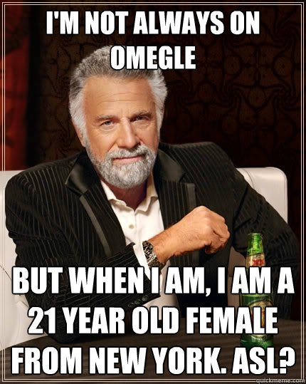 I'm not always on Omegle  But when I am, I am a 21 year old female from New York. ASL?  The Most Interesting Man In The World