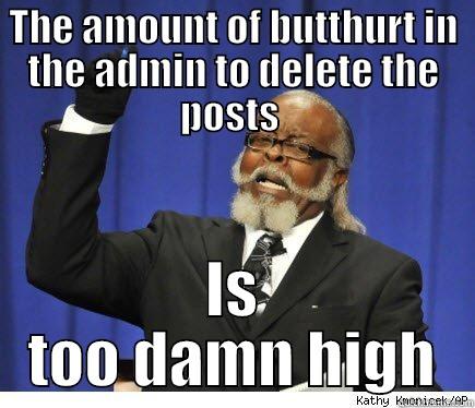 THE AMOUNT OF BUTTHURT IN THE ADMIN TO DELETE THE POSTS  IS TOO DAMN HIGH Misc