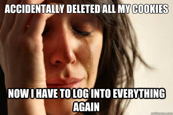 Accidentally deleted all my cookies Now I have to log into everything again  First World Problems