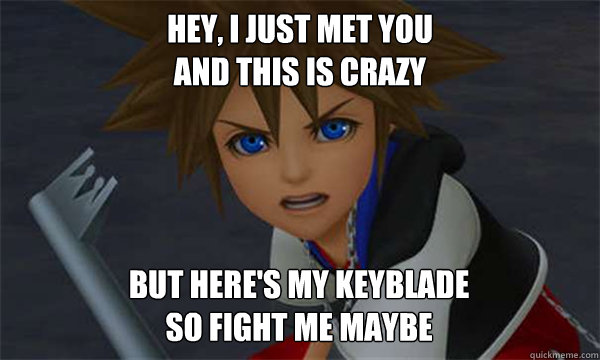 Hey, I just met you
and this is crazy but here's my keyblade
so fight me maybe
 - Hey, I just met you
and this is crazy but here's my keyblade
so fight me maybe
  Misc