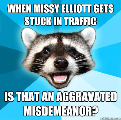 WHEN MISSY ELLIOTT GETS STUCK IN TRAFFIC IS THAT AN AGGRAVATED MISDEMEANOR?  Lame Pun Coon
