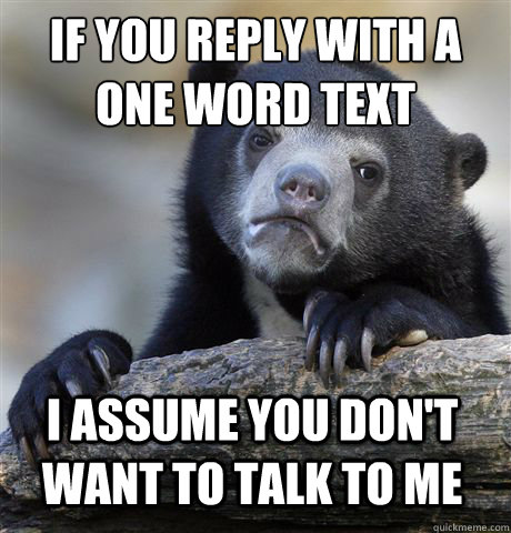 If you reply with a One word text I assume you don't want to talk to me - If you reply with a One word text I assume you don't want to talk to me  Confession Bear