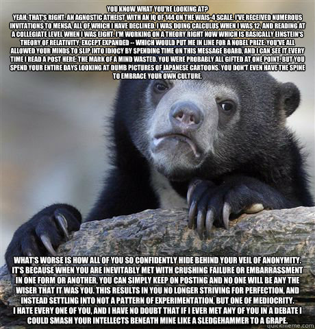 You know what you're looking at?
Yeah, that's right. An agnostic atheist with an IQ of 144 on the WAIS-4 scale. I've received numerous invitations to Mensa, all of which I have declined. I was doing calculus when I was 12, and reading at a collegiate leve  Confession Bear