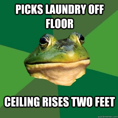 Picks laundry off floor Ceiling rises two feet  Foul Bachelor Frog