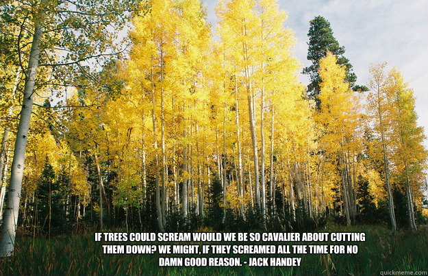 If trees could scream would we be so cavalier about cutting them down? We might, if they screamed all the time for no damn good reason. - Jack Handey - If trees could scream would we be so cavalier about cutting them down? We might, if they screamed all the time for no damn good reason. - Jack Handey  My deep thoughts