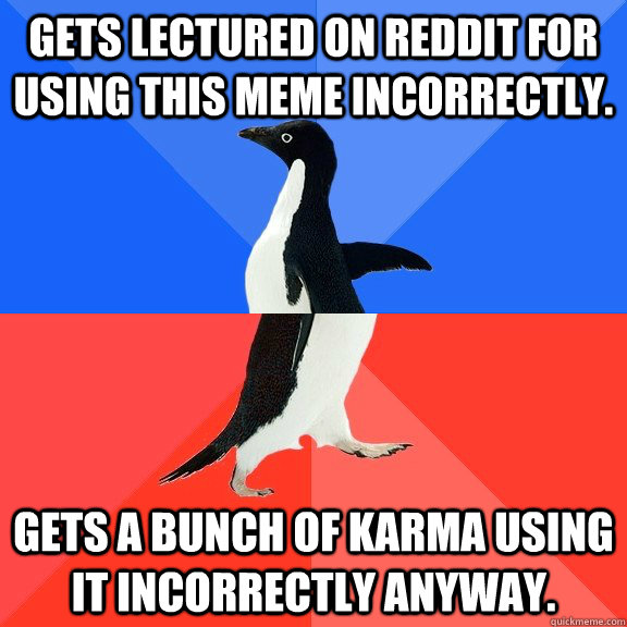 Gets lectured on Reddit for using this meme incorrectly. Gets a bunch of karma using it incorrectly anyway. - Gets lectured on Reddit for using this meme incorrectly. Gets a bunch of karma using it incorrectly anyway.  Socially Awkward Awesome Penguin