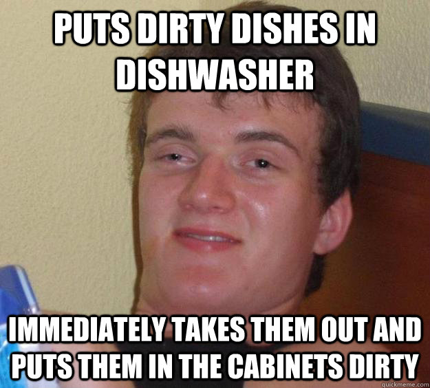Puts dirty dishes in dishwasher immediately takes them out and puts them in the cabinets dirty - Puts dirty dishes in dishwasher immediately takes them out and puts them in the cabinets dirty  10 Guy