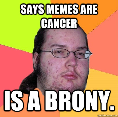Says memes are cancer Is a brony.  Butthurt Dweller