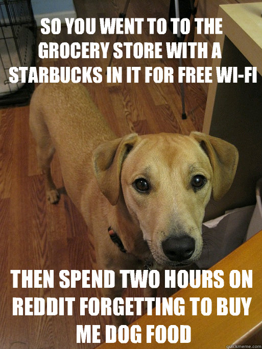 So you went to to the Grocery Store with a  Starbucks in it for free wi-fi then spend two hours on Reddit forgetting to buy Me Dog Food - So you went to to the Grocery Store with a  Starbucks in it for free wi-fi then spend two hours on Reddit forgetting to buy Me Dog Food  Redditors Dog