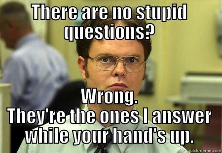 stupid questions - THERE ARE NO STUPID QUESTIONS? WRONG. THEY'RE THE ONES I ANSWER WHILE YOUR HAND'S UP. Schrute