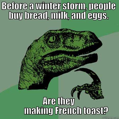 BEFORE A WINTER STORM, PEOPLE BUY BREAD, MILK, AND EGGS. ARE THEY          MAKING FRENCH TOAST? Philosoraptor