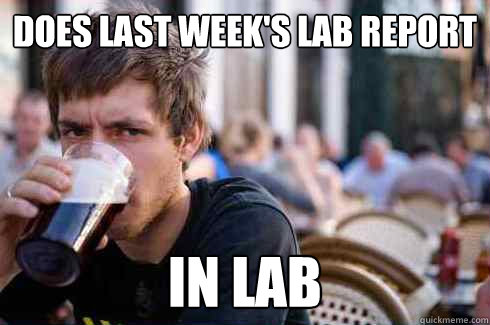 DOES LAST WEEK'S LAB REPORT IN LAB - DOES LAST WEEK'S LAB REPORT IN LAB  Lazy College Senior