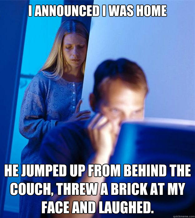 I announced I was home He jumped up from behind the couch, threw a brick at my face and laughed.  Redditors Wife