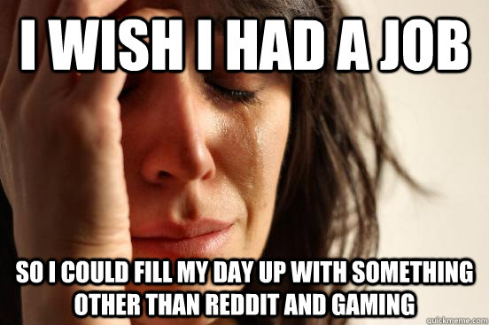 I wish I had a job so I could fill my day up with something other than reddit and gaming  First World Problems