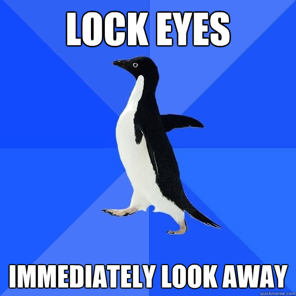 lock eyes immediately look away  Socially Awkward Penguin