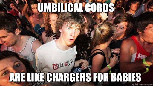 umbilical cords 
 are like chargers for babies
  Sudden Clarity Clarence