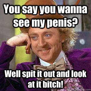 You say you wanna see my penis? Well spit it out and look at it bitch!  Condescending Wonka