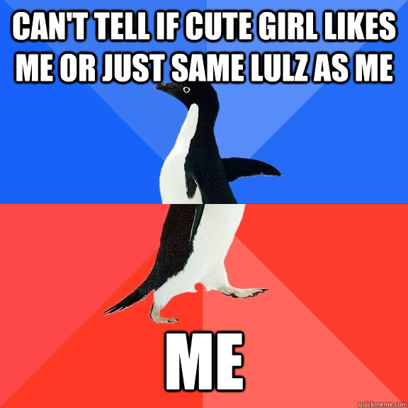 can't tell if cute girl likes me or just same lulz as me me  Socially Awkward Awesome Penguin
