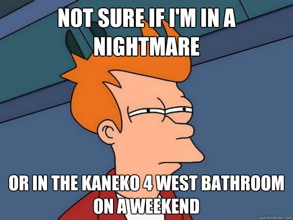 Not sure if I'm in a nightmare Or in the Kaneko 4 West bathroom on a weekend  Futurama Fry