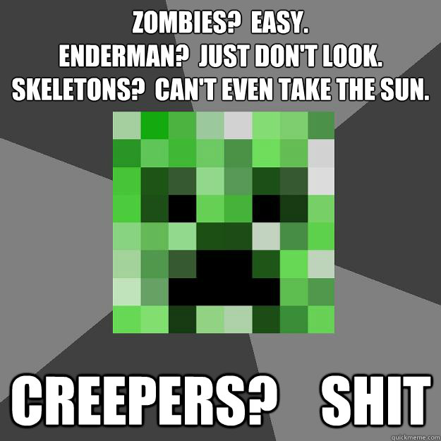 Zombies?  Easy.
Enderman?  Just don't look.
Skeletons?  Can't even take the sun. Creepers?    SHIT  Creeper