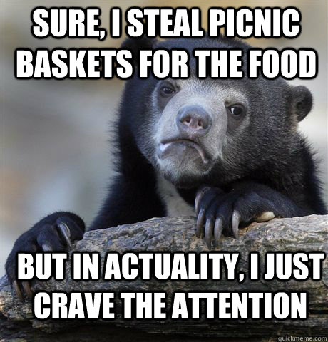 Sure, I steal picnic baskets for the food but in actuality, I just crave the attention - Sure, I steal picnic baskets for the food but in actuality, I just crave the attention  Confession Bear