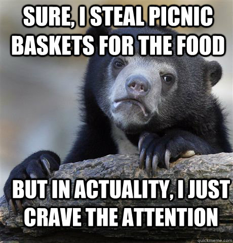Sure, I steal picnic baskets for the food but in actuality, I just crave the attention  Confession Bear