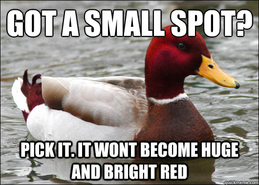 Got a small spot?
 Pick it. It wont become huge and bright red  Malicious Advice Mallard