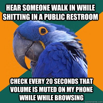 hear someone walk in while shitting in a public restroom check every 20 seconds that volume is muted on my phone while while browsing  Paranoid Parrot