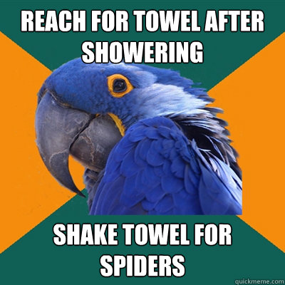 Reach for towel after showering 
 Shake towel for spiders  Paranoid Parrot