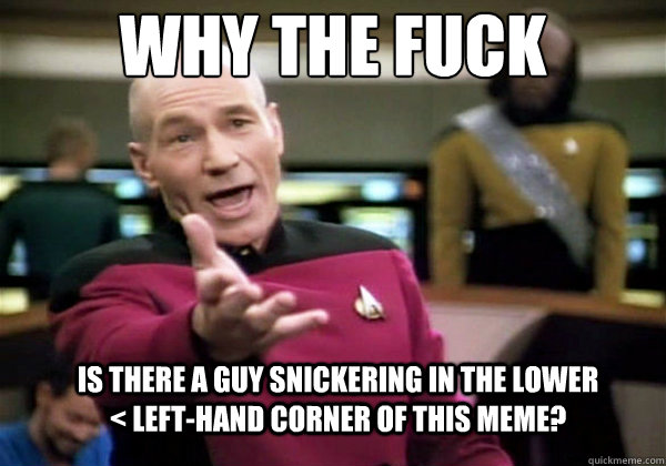 Why the fuck is there a guy snickering in the lower  < left-hand corner of this meme?  Why The Fuck Picard
