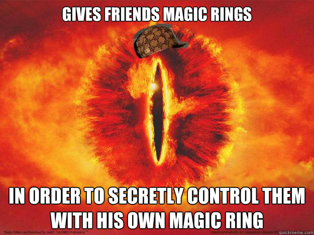 gives friends magic rings in order to secretly control them with his own magic ring  
