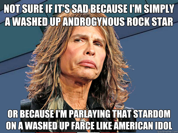 NOT SURE if it's sad because i'm simply a washed up androgynous rock star OR because I'm parlaying that stardom on a washed up farce like american idol - NOT SURE if it's sad because i'm simply a washed up androgynous rock star OR because I'm parlaying that stardom on a washed up farce like american idol  Aerosmith Fry