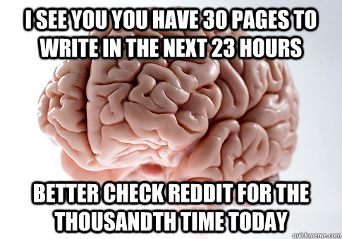 I see you you have 30 pages to write in the next 23 hours better check reddit for the thousandth time today  Scumbag Brain