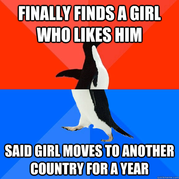 Finally finds a girl who likes him Said girl moves to another country for a year  Socially Awesome Awkward Penguin