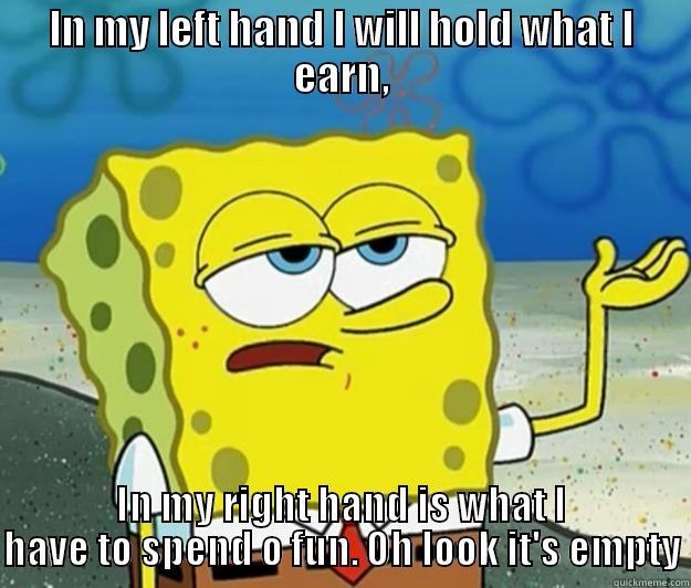 IN MY LEFT HAND I WILL HOLD WHAT I EARN, IN MY RIGHT HAND IS WHAT I HAVE TO SPEND O FUN. OH LOOK IT'S EMPTY Tough Spongebob