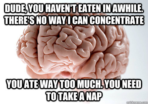 Dude, You haven't eaten in awhile. There's No way I can concentrate  You ate way too much. You need to take a nap  Scumbag Brain