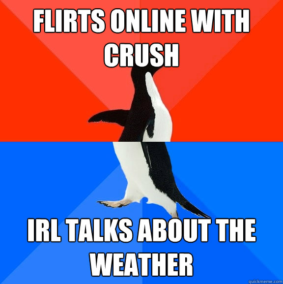 flirts online with crush irl talks about the weather  Socially Awesome Awkward Penguin