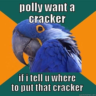 POLLY WANT A CRACKER IF I TELL U WHERE TO PUT THAT CRACKER Paranoid Parrot