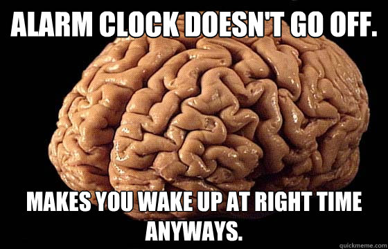Alarm clock doesn't go off. makes you wake up at right time anyways. - Alarm clock doesn't go off. makes you wake up at right time anyways.  Awesome Brain