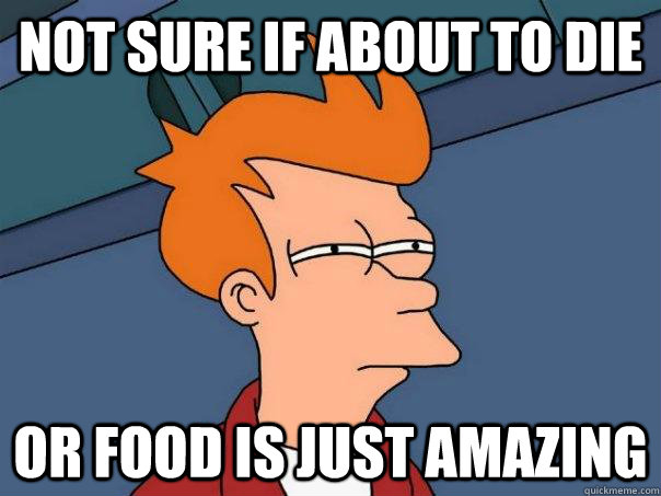 Not sure if About to die  or food is just amazing  Futurama Fry