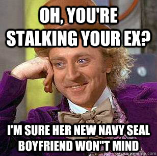 oh, you're stalking your ex? i'm sure her new navy seal boyfriend won''t mind - oh, you're stalking your ex? i'm sure her new navy seal boyfriend won''t mind  Condescending Wonka