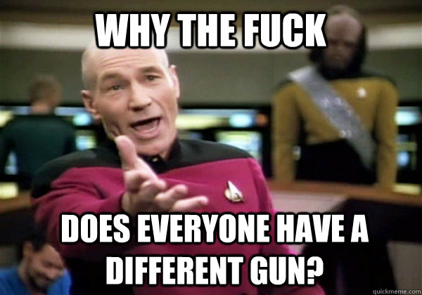 Why the fuck does everyone have a different gun?  Patrick Stewart WTF